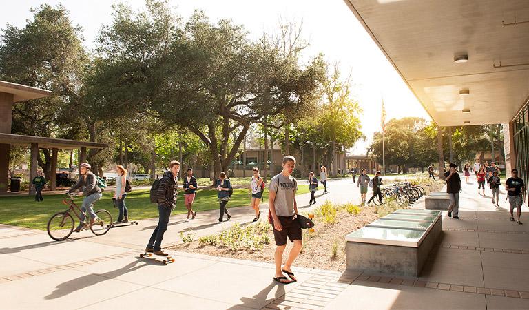 Students head to class on the Harvey Mudd campus